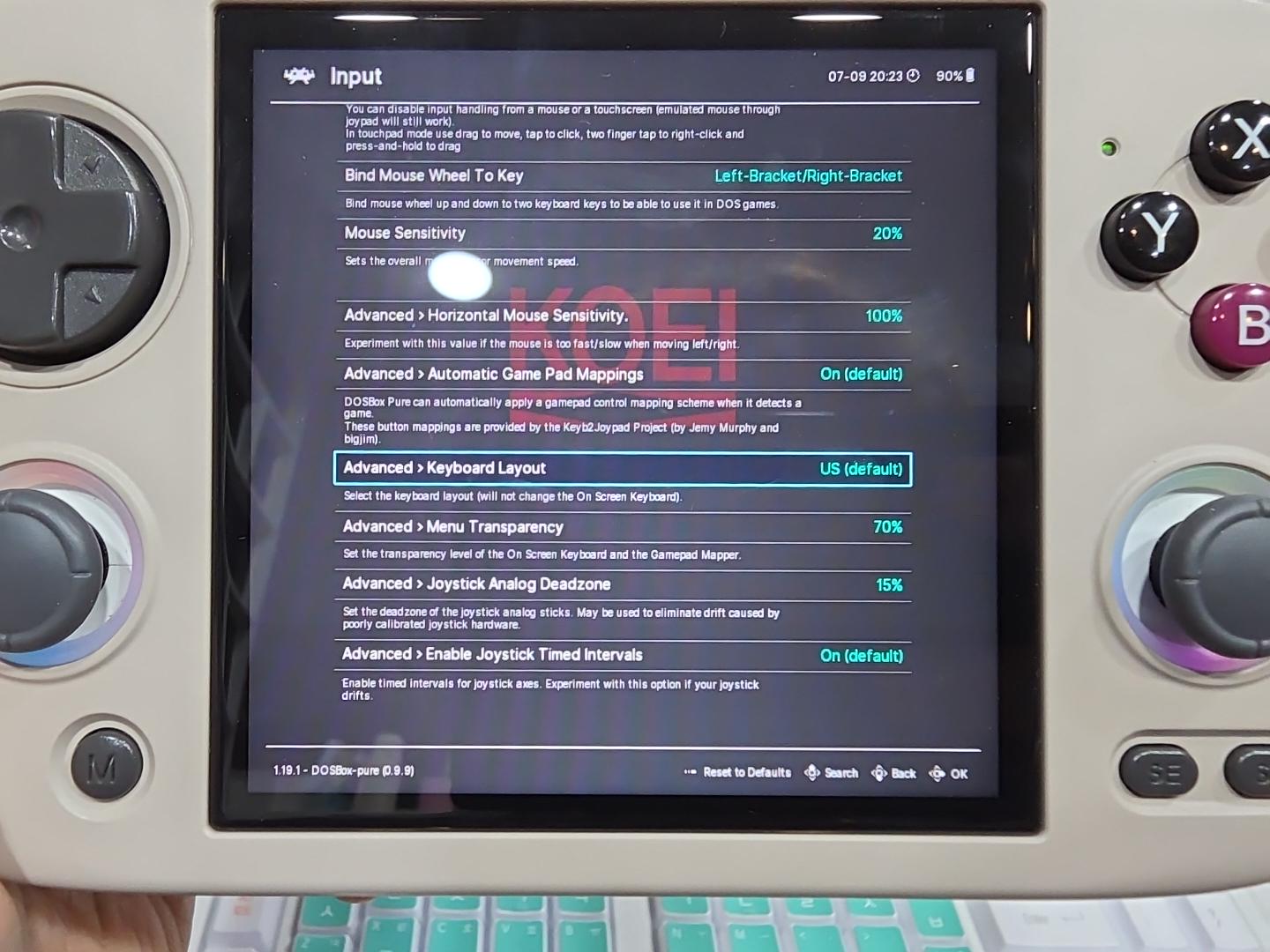 DOSBox Pure Input options showing 20% mouse sensitivity, 15% joystick analog deadzone, and 100% horizontal mouse sensitivity
